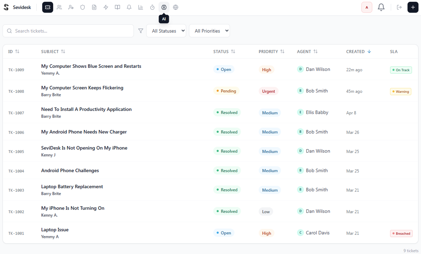 Sevidesk ticket management dashboard